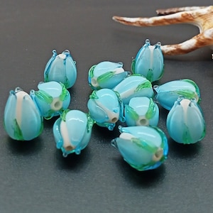 Blue flower beads, Lampwork Flower Buds, Blue white beads, Handmade glass artisan lampwork beads for making jewelry, beads for earrings