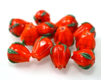 Red Lampwork beads handmade flower Buds beads floral glass artisan lampwork bright beads for jewelry making romantic tulip rose flower