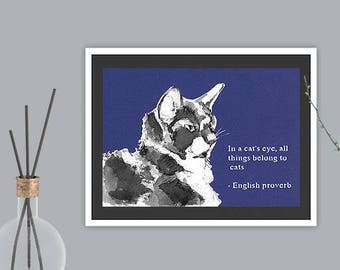 Cat proverb A5 artwork, paper cut art print. Style 2 in blue