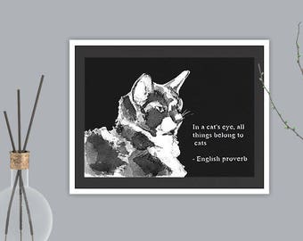 Cat proverb A5 artwork, paper cut art print. Style 2 in black