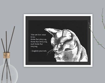 Cat proverb A5 artwork, paper cut art print. Style 1 in black