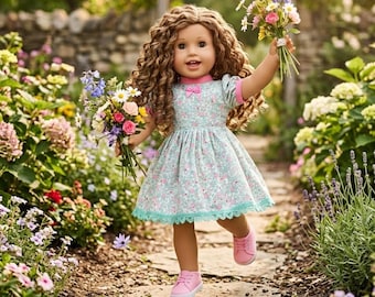 18 Inch Doll Dress, Pink Mint Floral, American Made Doll Clothes