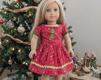 American Made 18" Doll Christmas Dress, Festive Red Green Print (AG Doll)