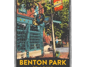 May include: A vintage-style illustration of a building in Benton Park, St. Louis, Missouri. The building has a green storefront with a sign that says "LEMP" and a blue star on the side. The street sign says "Pestalozzi".