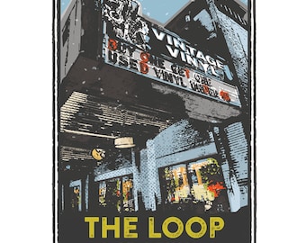 May include: A vintage-style illustration of a building with a sign that reads "Vintage Vinyl Buy One Get One Used Vinyl Under $5" and the text "The Loop St. Louis" below the building.