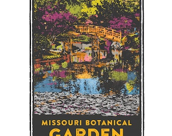 May include: A vintage-style poster with a colorful illustration of a Japanese garden with a wooden bridge over a stream. The text "MISSOURI BOTANICAL GARDEN" is at the bottom of the poster.