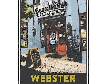 May include: A vintage-style illustration of Euclid Records in Webster, Missouri. The storefront is painted blue with a red door and a sign that reads "Euclid Records".