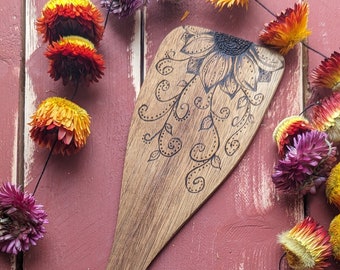 Sunflower and vines acacia wood spatula | kitchen decor | functional art | hostess gift | stocking stuffer | made in Alberta | Valentine's