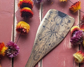 Sunflower and vines mandala acacia wood spatula | kitchen decor | functional art | hostess gift | made in Alberta | Valentine's