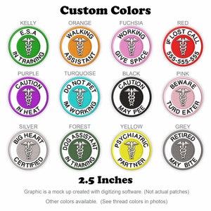 May include: A set of 12 custom embroidered patches featuring a medical symbol with different text and colors. The patches are 2.5 inches in diameter and are available in colors like Kelly green, orange, fuchsia, red, purple, turquoise, black, pink, silver, forest green, yellow, and grey.