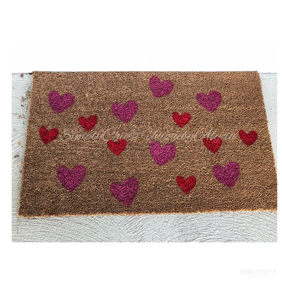 Colorful Hearts Doormat Hand Painted Welcome Front Door Mat Entryway Housewarming Gift Idea Funny Red And Pink New Home