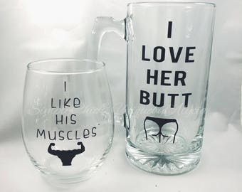 I like his muscles, I love her butt, couples glass drink set, anniversary present, funny gift, gift for husband and wife, wedding, gift idea