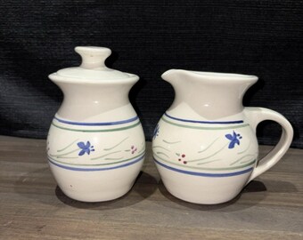 Vintage Savoir Vivre Portofino Blue Stoneware Cream Pitcher Lidded Sugar Set