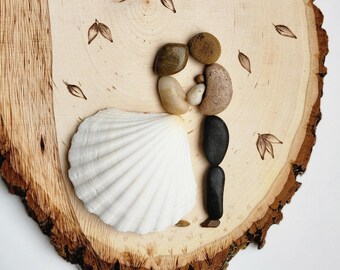 Family of Three Pebble Art Gift for Expecting Mother Baby Shower Gift Cottage Core Rustic Vintage Nursery Decor Wood Oval Woodburning Art