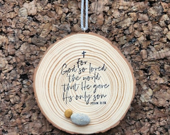 For God So Loved The World That He Gave His Only Son John 3 16 Jesus Ornament Baby Pebble Art Cottage Core Rustic Christmas Ornament