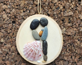 Pebble Art Family of Three Ornament Vintage Christmas Rustic Ornament Wood Anniversary Baby's First Christmas Ornament