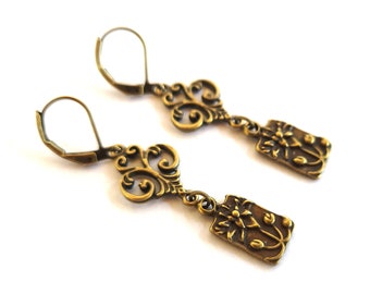 Lotus Drop Earrings / Boho Earrings / Dainty Earrings / Long Earrings / Bronze Earrings / Victorian Earrings / Vintage Earrings