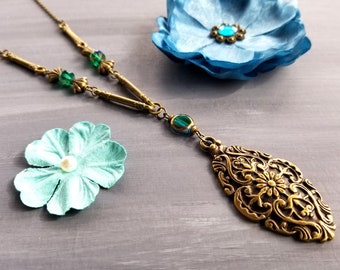 Bronze Ornate Necklace / Bronze Statement Necklace / Long Necklace / Boho Necklace / Bead Necklace / Sweater Necklace / Gift for Her