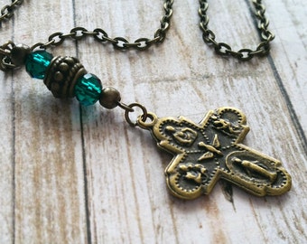 Cross Necklace / Inspirationsl Necklace / Bead Necklace / Bronze Necklace / Religious Necklace