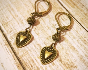 Heart Earrings / Boho Earrings / Vintage Earrings / Leverback Earrings / Bronze Earrings