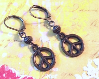 PEACE Earrings / Boho Earrings / Vintage Earrings / Leverback Earrings / Bronze Peace Sign Earrings