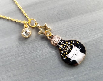 Cat Necklace / Geek Necklace / Gold Necklace / Crystal Necklace / Girl Necklace / Cat Jewelry / Cat Gift / Gift for Cat Lover