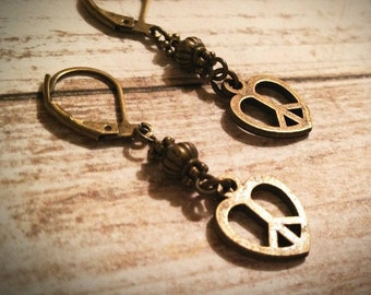 Peace Sign Earrings / Heart Earrings / Vintage Earrings / Peace Earrings / Bronze Earrings