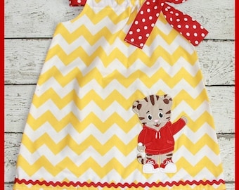 Cute Daniel the Tiger Pillowcase style dress Yellow Chevron and red polka dot
