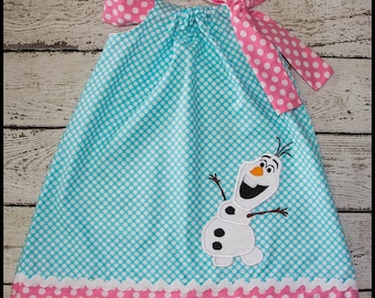 Super Cute Olaf Frozen Snowman Pillowcase style dress in Auqa polka dot and Pink