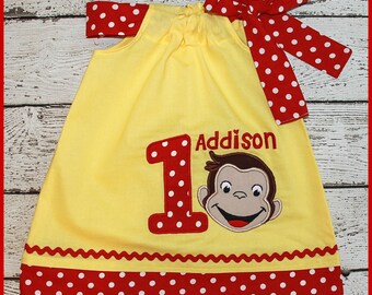 Curious George Monkey Birthday Pillowcase style dress Yellow and red polka dot