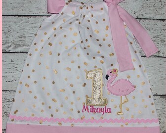 Super Cute Pink and Gold Flamingo Birthday Pillowcase style dress name and age included