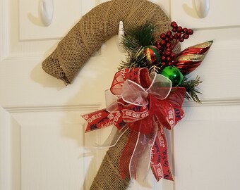 Handmade Christmas Candy Cane Wreath - Burlap, Red, and White with Ornaments