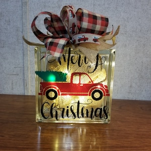 Handmade Christmas Lighted Glass Block - Truck with Tree Theme