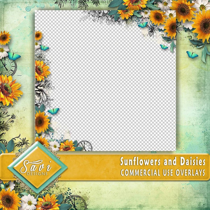 Designer Stock Papers CU Commercial Use PNG Overlays x 3 for Digital Scrapbooking or Craft projects Sunflowers and Daisies