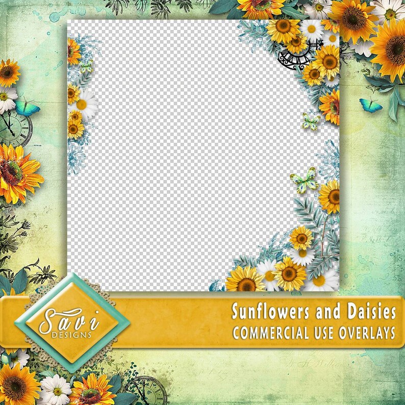 Designer Stock Papers CU Commercial Use PNG Overlays x 3 for Digital Scrapbooking or Craft projects Sunflowers and Daisies