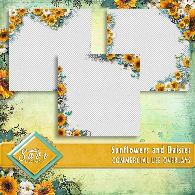 Designer Stock Papers CU Commercial Use PNG Overlays x 3 for Digital Scrapbooking or Craft projects Sunflowers and Daisies