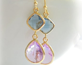 Lilac and Marine Blue Earrings, Crystal Earrings, Lavender Chandeliers, Purple Earrings, Gold Bridal Earrings, Bridesmaid Earrings Gift