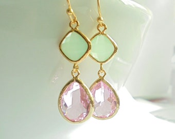 Pink and Mint Earrings, Crystal Earrings, Pink Chandeliers, Mint Earrings, Gold Bridal Earrings, Bridesmaid Earrings Gift