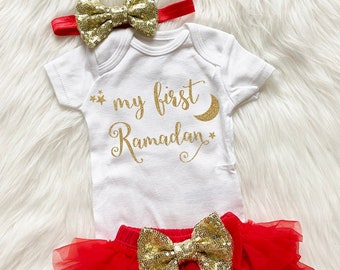 My First Ramadan Bodysuit - Little Girl Ramadan set - First Ramadan Outfit - Girl Ramadan Outfit - Girl Ramadan Shirt - Red & Gold Glitter
