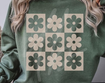 Daisy Checkered Boho Svg, Neutral Checkerboard Daisy Png, Flower Checkered Svg, Pastel Checkered Design, Checkerboard t-shirt Design Bundle