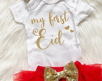 My First Eid Bodysuit - Little Girl Eid set - First Eid Outfit - Girl Eid Outfit - Girl Eid Shirt - Optional Set - Red & Gold Glitter