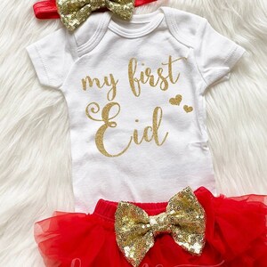 My First Eid Bodysuit - Little Girl Eid set - First Eid Outfit - Girl Eid Outfit - Girl Eid Shirt - Optional Set - Red & Gold Glitter