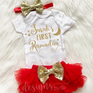 My First Ramadan Bodysuit - Little Girl Ramadan set - First Ramadan Outfit - Girl Ramadan Shirt - Optional Set - Red & Gold Glitter