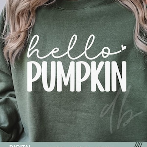 May include: A green sweatshirt with the text "hello pumpkin" in white lettering with a small heart after the word "hello".