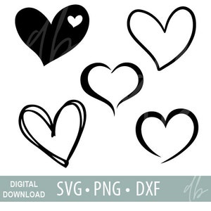 May include: Five black and white heart shapes in different styles. The hearts are outlined in black and are on a white background.