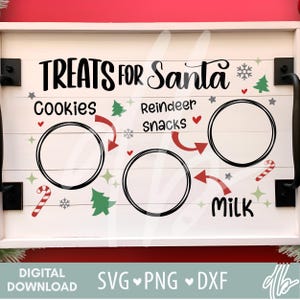 May include: A white wooden tray with black handles and accents, featuring the text "Treats for Santa." It includes circular spaces for cookies, reindeer snacks, and milk, with festive graphics like snowflakes and candy canes.