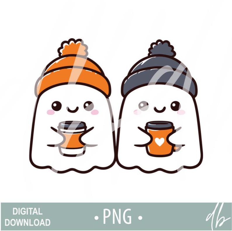Pode incluir: Dois fantasmas de desenho animado usando chap&eacute;us de inverno e segurando x&iacute;caras de caf&eacute;. O fantasma &agrave; esquerda est&aacute; usando um chap&eacute;u laranja e o fantasma &agrave; direita est&aacute; usando um chap&eacute;u preto.