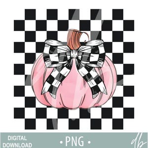 May include: A pink pumpkin with a black and white checkered bow on a black and white checkered background.