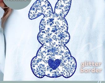 Blue Floral Chinoiserie Bunny Png, Grand Millennial Easter Png, Blue Toile Easter Rabbit Png, Easter Coquette Png, Cute Blue Floral Bunny