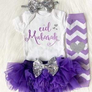 Eid Mubarak Baby outfit - Little Girl Eid set - First Eid Outfit - Girl Eid Shirt - Optional Set - Purple & Silver Glitter